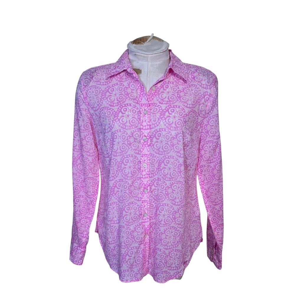 Talbots Women's Floral Geometric Button Front Roll Tab Sleeve Shirt Pink Size S